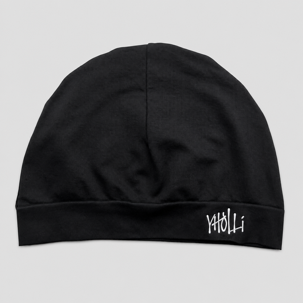 Satin-Lined Mid Black Skull Cap V2 Embroidered Logo